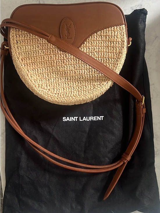 Saint Laurent Handbags - Saint Laurent Tan Leather and Natural Straw Crossbody Saddle Bag